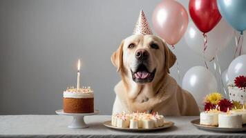 a dog is sitting at a table with a cake and candles photo