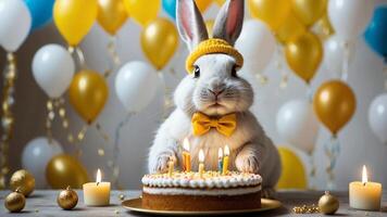 a white rabbit wearing a bow tie and a hat is sitting on a cake with candles photo