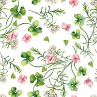 Seamless floral pattern with pink flowers, clover and white wildflowers watercolor isolated. Realistic spring plants hydrangea, shamrock on repeated background hand drawn. Botanical design for textile vector
