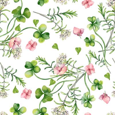 Seamless floral pattern with pink flowers, clover and white wildflowers watercolor isolated. Realistic spring plants hydrangea, shamrock on repeated background hand drawn. Botanical design for textile