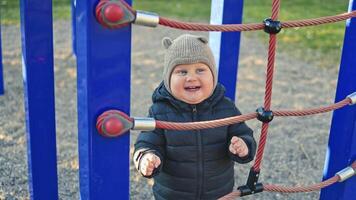 A cheerful and lively child wearing a cozy knitted hat is having a wonderful time climbing and playing on the colorful playground equipment in a vibrant, bright green park setting video