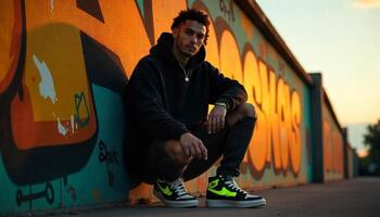 A man sitting on a wall with neon sneakers photo