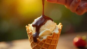A hand is holding a waffle cone with chocolate sauce photo