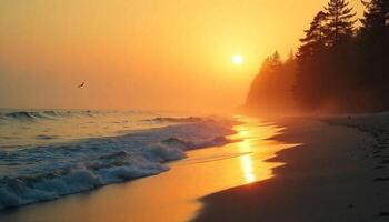 Sunset on the beach with waves and birds flying over the water photo