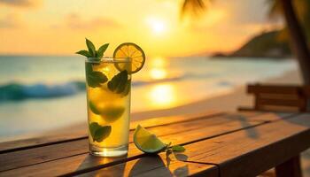 A glass of lemonade on a wooden table with a sunset in the background photo