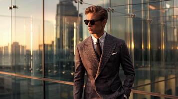 A man in a suit and sunglasses standing in front of a building photo