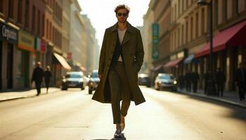 A man in a trench coat and sunglasses walking down a street photo