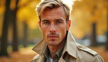 A man in a trench coat looking at the camera photo