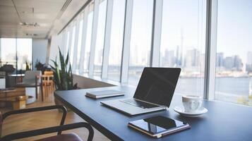 A laptop sits on a table in front of a window photo