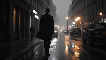 A man in a black suit walks down a wet street photo