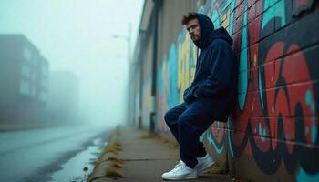 A man in a hoodie leaning against a wall photo