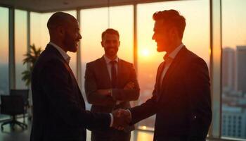 Two business men shaking hands in front of a window photo