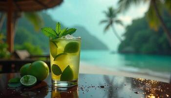 A glass of lemonade with lime slices on a table photo