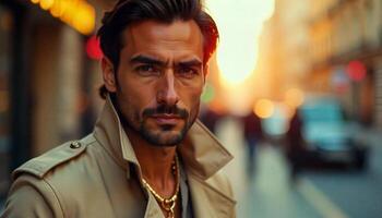 A man with a beard and a tan jacket standing in the street photo