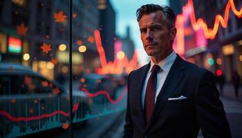 A man in a suit stands in front of a stock market graph photo