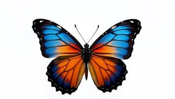 A blue and orange butterfly is shown on a white background photo