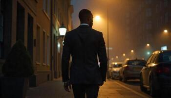 A man in a suit walks down a city street at night photo