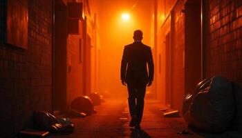 A man walks down an alleyway at night with a flashlight photo