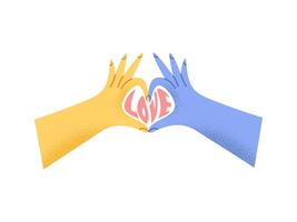 Heart fingers. Fingers of hands folded in shape of heart. Colorful hands with grainy texture and love text. illustration vector