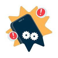 App update notification concept. Smartphone with gear and exclamation mark, Perfect for UI design, mobile apps, software updates and technology. Flat illustration. vector