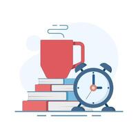 Break Time, Clock and Coffee Cup Concept. It's time to take a break, it's time to drink coffee to relax and refresh yourself from prolonged stress, free from boredom. Flat Design Illustration. vector