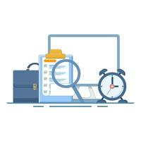 Working Hours Concept. Laptop with Clock, Clipboard and Briefcase. Time management, work deadlines or work time planning. Business concept. Flat design illustration on background. vector