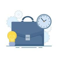 Office Bag Work Clock Concept with Clock. Time management, work deadlines or work time planning. Business concept. Flat cartoon design illustration on background. vector