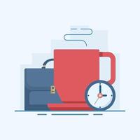 Break Time Concept, Clock and Coffee Cup. It's time to take a break, it's time to drink coffee to relax and refresh yourself from prolonged stress, free from boredom. Cartoon design illustration. vector