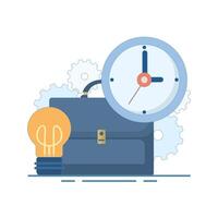 Office Bag Work Clock Concept with Clock. Time management, work deadlines or work time planning. Business concept. Flat design illustration on background. vector