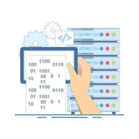 Big Data Application Concept.Data Server with Tablet. Important data storage, and cloud technology, Cloud computing service business technology concept, Flat illustration on background. vector