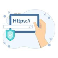 Safe website browsing concept, smart device with search engine bar, HTTPS lock and shield icon, online security and the importance of visiting protected sites. Flat design illustration vector