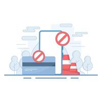 Phone and payment card blocked, online payment, warning. Debit card icon with payment warning sign concept online payment rejection icon. flat design illustration on background. vector