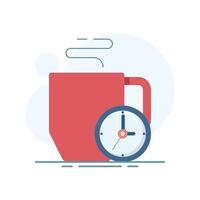 Break Time, Clock and Coffee Cup Concept. It's time to take a break, it's time to drink coffee to relax and refresh yourself from prolonged stress, free from boredom. Flat illustration. vector