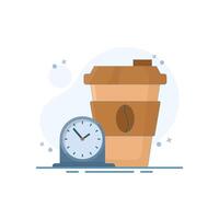 Break Time, Clock and Coffee Cup Concept. It's time to take a break, it's time to drink coffee to relax and refresh yourself from prolonged stress, free from boredom. Flat cartoon design illustration. vector