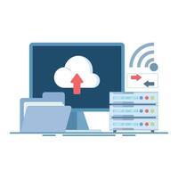 Data Backup Concept. Computer with Server and Data Folder. file transfer, data backup, storing documents in storage, cloud technology, uploading and downloading, Flat Design Illustration. vector
