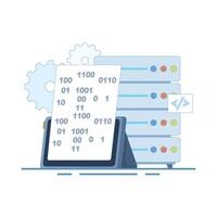 Big Data Application Concept.Data Server with Tablet. Important data storage, and cloud technology, Cloud computing service business technology concept, Flat design illustration on background. vector