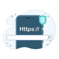 Safe website browsing concept, smart device with search engine bar, HTTPS lock and shield icon, online security and the importance of visiting protected sites. Design illustration vector
