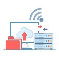 Data Backup Concept. Computer with Server and Data Folder. file transfer, data backup, storing documents in storage, cloud technology, uploading and downloading, Flat cartoon design Illustration. vector