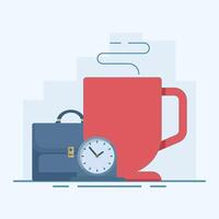 Break Time, Clock and Coffee Cup Concept. It's time to take a break, it's time to drink coffee to relax and refresh yourself from prolonged stress, free from boredom. Flat cartoon illustration. vector