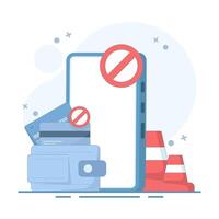 Phone and payment card blocked, online payment, warning. Debit card icon with payment warning sign concept online payment rejection icon. flat cartoon design illustration on background. vector
