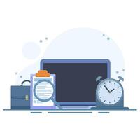 Working Hours Concept. Laptop with Clock, Clipboard and Briefcase. Time management, work deadlines or work time planning. Business concept. Flat cartoon design illustration on background. vector
