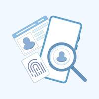 Secure digital authentication concept. Identity verification process with ID card, biometric data fingerprint, smartphone, and user photo, for fintech, cybersecurity, KYC. Flat design illustration. vector