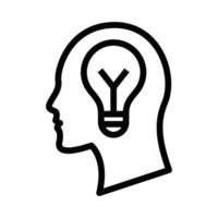 A black and white illustration of a head with a light bulb vector