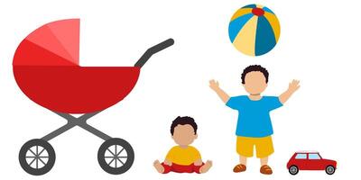 Two children enjoy their playtime with a colorful beach ball and a toy car, while a bright red stroller stands nearby, creating a lively and fun atmosphere for play vector