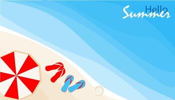 A vibrant summer day at the beach features a red and white striped umbrella next to colorful flip-flops on the soft sand. The clear blue water sparkles under the sun vector
