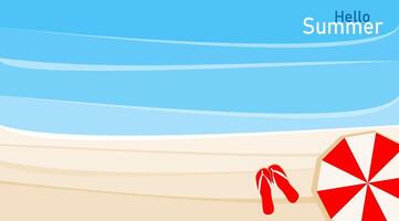 A vibrant summer beach setting showcases a pair of red flip flops and a striped umbrella resting on golden sand. The clear blue sky adds to the warm vacation atmosphere vector