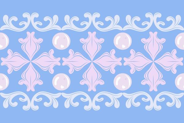Beautiful Elegance Under the Sea Baroque Version with Pink Water Florals and Pearls Scroll Ornament on Blue Background for Luxury Decoration Design Opulence Work Seamless Border Pattern Wallpaper Silk