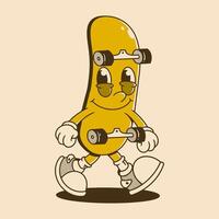 Walking skateboard character in happy face with retro colors vector