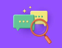 Bright colorful chat bubbles with magnifying glass symbolizing online communication and message search on purple background with decorative stars. 3D illustration. vector