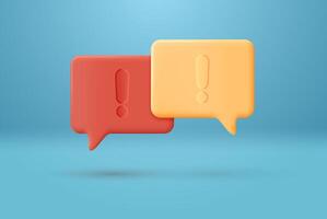 Red and yellow 3D speech bubble icons with exclamation marks on blue background. vector